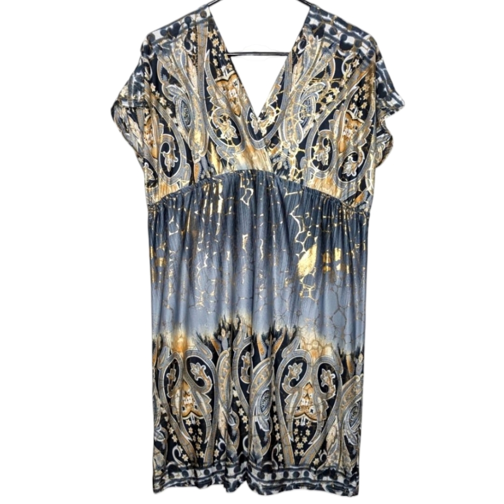 Shoreline V Neck Short Sleeve Shimmering Metallic Gold Paisley Dress One Size